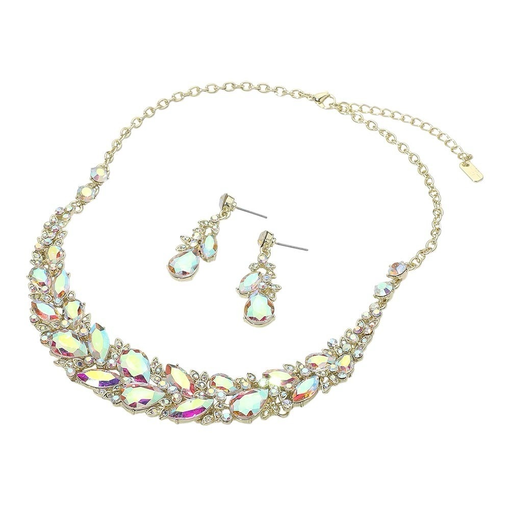 Elegant Marquee Aurora Borealis and Gold Cluster Embellished Jewelry Set